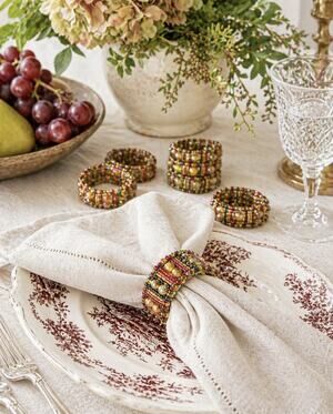 Boho Beaded Napkin Rings Set Jewel Tone Burgundy Gold Artisan Table Decor